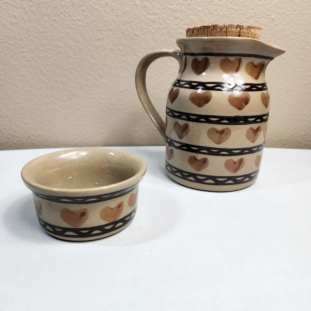Hartstone Pottery USA Stoneware Heart Patterned Country Milk Pitcher & Dish